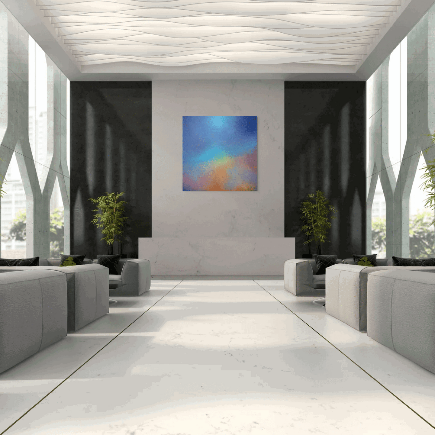 Original abstract painting for sale titled 'Aura Aurora' by Marcus Callum, featuring blended blues, purples, yellows, and reds to evoke energy and uplift, in a room setting.Original Painting: "Aura Aurora" (Available)